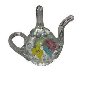 JOE ST CLAIR GLASS TEA POT RING HOLDER PAPERWEIGHT vanity jewelry multicolor